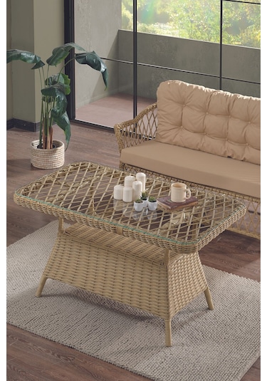 Icon Rattan Bahçe Balkon Oturma Takımı 2+1+1+camlı Masa Cappuccino Cappuccino