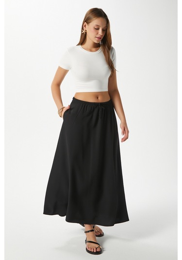 Kadın Seaside Siyah Astarlı Bel Lastikli Cepli Dokuma Uzun Etek Siyah