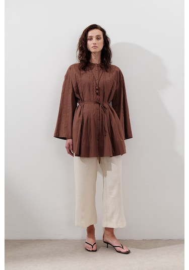 Nervürlü Geniş Kollu Tunik Sıcak Kahve Sıcak Kahve