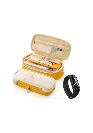 Genişletilebilir Büyük Kapasiteli Okul Ve Ofis Kalem Kutusu, Çok Bölmeli Pratik Kalemlik, Öğrenci Ve Kırtasiye Malzemeleri İçin Sarı