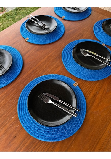 6 Lı Yuvarlak Supla Takımı Kolay Temizlenebilir, Modern Sofralar İçin Koyu Mavi