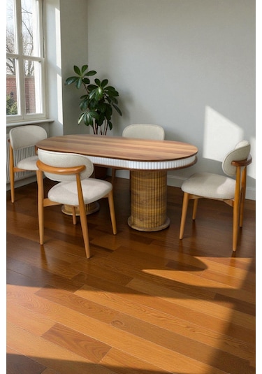 Bohem İskandinav Masa Sandalye Takımı 4 Adet Polo Sandalye Ceviz Mebranlı Mdf Oval Masa-modern Kahverengi