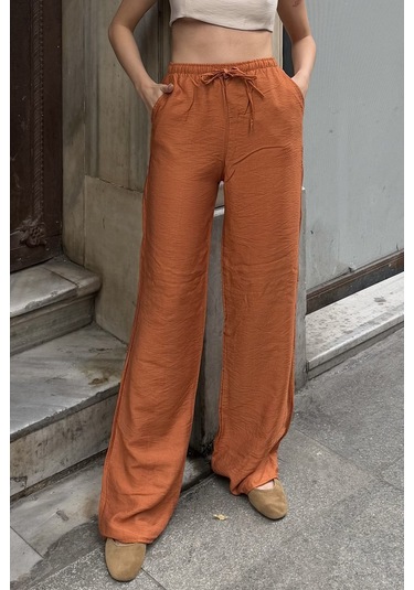 Pembe Keten Karışımlı Bol Kesim Pantolon Kiremit