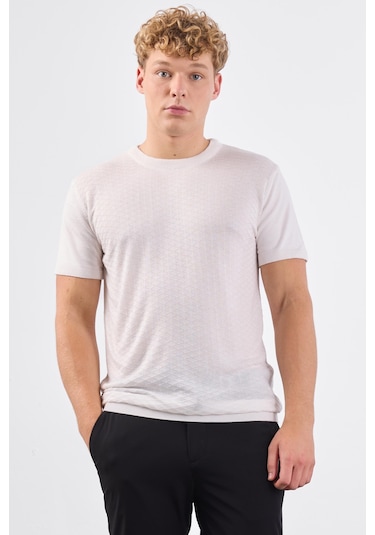 Dufy Ekru O Yaka Düz Renk Kısa Kollu Slim Fit Triko Tshirt Ekru