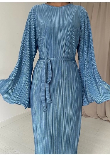 Mavi İspanyol Kol Piliseli Elbise Mavi