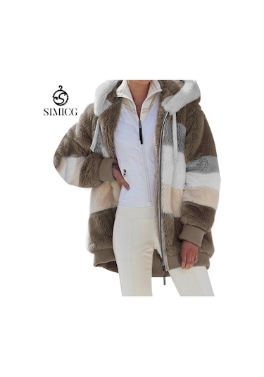 Kadın Peluş Kapüşonlu Ceket Bol Ceket Haki