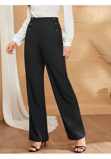 Ge Ticaret Kadın Düğme Detay Bol Paça Ithal Krep Pantolon Siyah