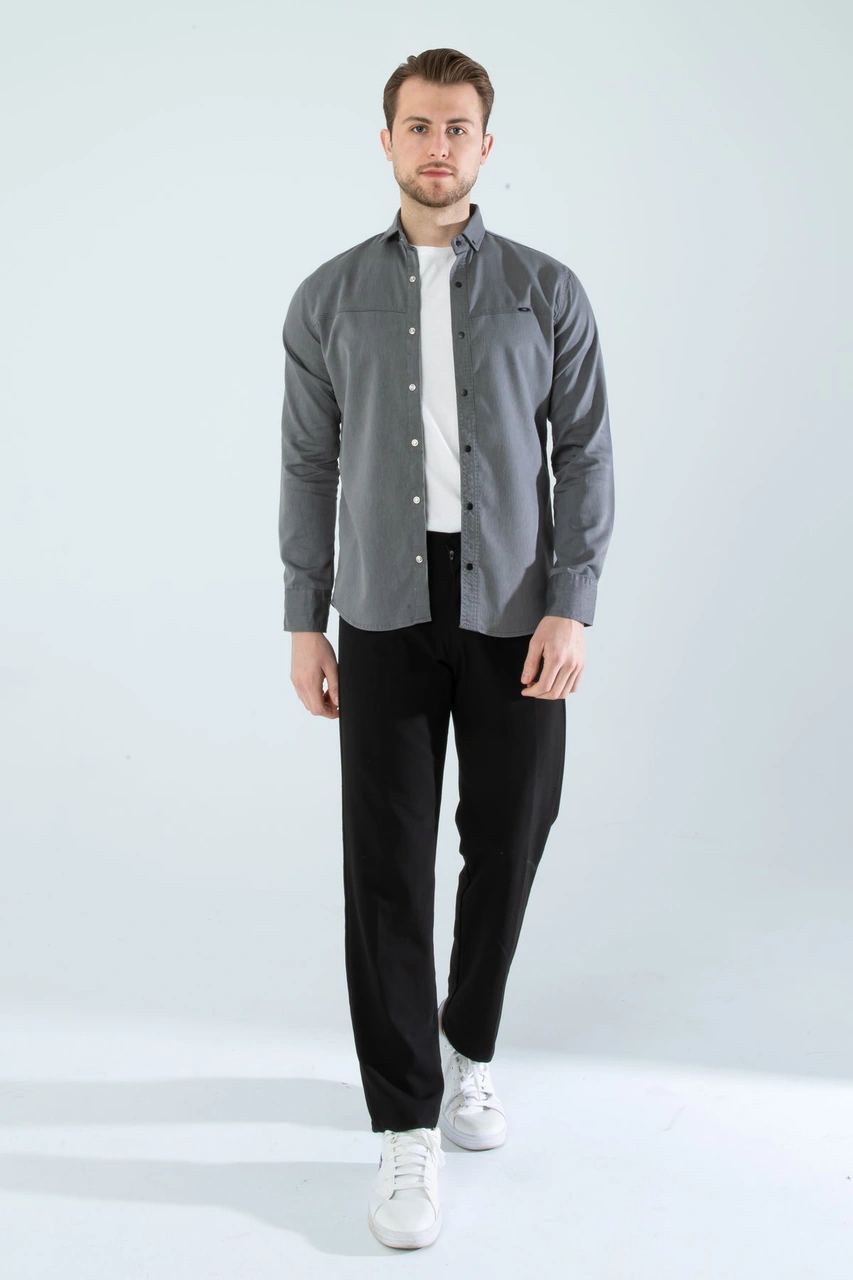 Slim Fit Erkek Cepsiz Kot Gömlek Gri