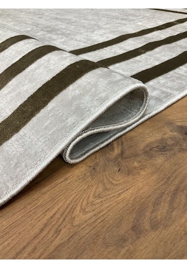 Saraz Halı Çerçeve Model Bambu Yıkanabilir Parlak Halı Kahve Çizgi Kahve-gri