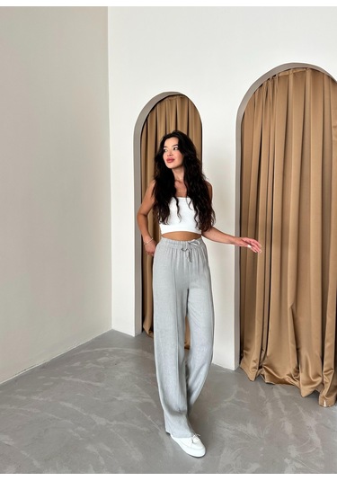 Gri %100 Keten Palazzo Pantolon Gri