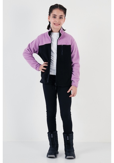 Lela Yumuşak Dokulu Fermuarlı Renk Bloklu Dik Yaka Cepli Hırka Unisex Çocuk Polar 5905001 Lila-Siyah
