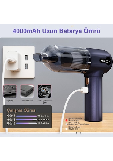 Şarjlı Araç Süpürgesi 3 Kademeli Süper Çekim Gücü 2in1 18.000pa