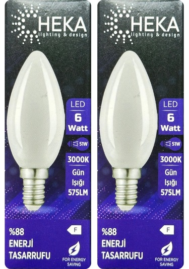 2 Adet Heka 6w 51w 3000k Günışığı E14 Duylu İnce Duy Soft Mum Ampul
