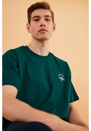Leo Erkek Oversize Tshirt %100 Pamuk Bisiklet Yaka Baskı Detaylı Basic Tişört Mtlce77 Yeşil