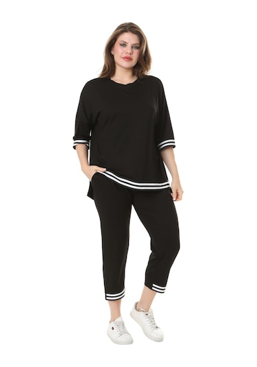 Melsay Butik Siyah Bisiklet Yaka Şerit Detaylı Kısa Kollu Beli Lastikli Kapri Takım Siyah