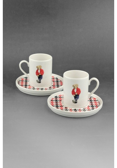 Teddy Bear Jeans İki Kişilik Porselen Kahve Fincan Takımı Kırmızı - Siyah