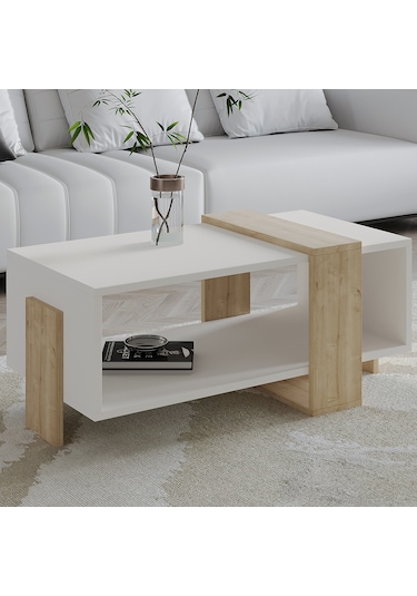 Meleni Orta Sehpa 90 Cm Modern Tasarım Raflı Beyaz/safir Meşe