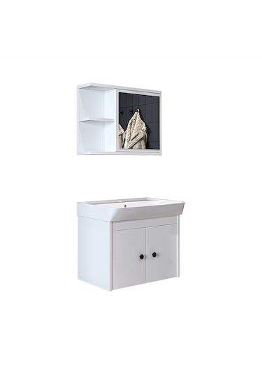Lavabolu Mat Suntalam 60 Cm Banyo Dolabı + Aynalı Üst Dlp Beyaz Mat Beyaz