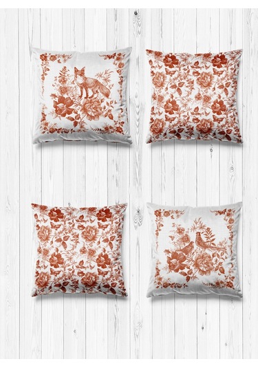 Çift Tarafı Farklı Desenli Süet 4'lü Kırlent Kılıfı-Vintage Hayvanlar Kahverengi