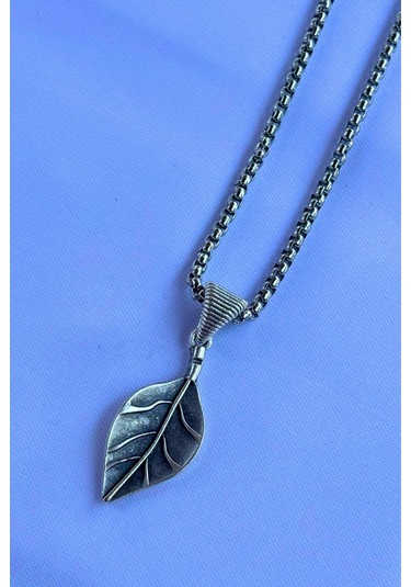 Yapraklı El İşçiliği Paslanmaz Çelik Zincir Erkek Kolye Gümüş