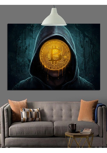 Bitcoin Sembolü Kapüşonlu Gizem Dekoratif Kanvas - Mdf Ahşap Tablo