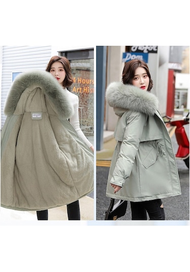 Snapbuy Kalın, Yumuşak Dolgulu, Midi Boy, Kapüşonlu, Kürk Detaylı Kadın Mont Su Yeşili