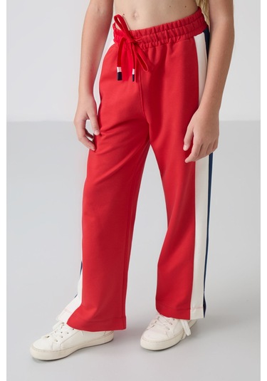 Tommy Life Açık Kırmızı Yırtmaç Detaylı Cepli Geniş Paça Kız Çocuk Eşofman Alt - 75141 Açık Kırmızı