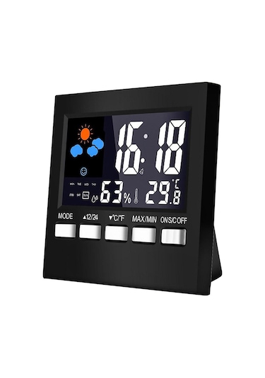 Leezsing Ev İçin Siyah Renkli Lcd Ekranlı Hava Durumu İzleyici - Sicaklık, Nem Ölçer, Saat Ve Alarm Fonksiyonu Sn192 Modeli, Pil Dahil Değil