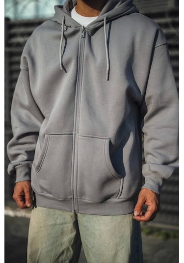 Efnaz Style Oversize Tam Fermuarlı Uzun Kol Hırka - Gri