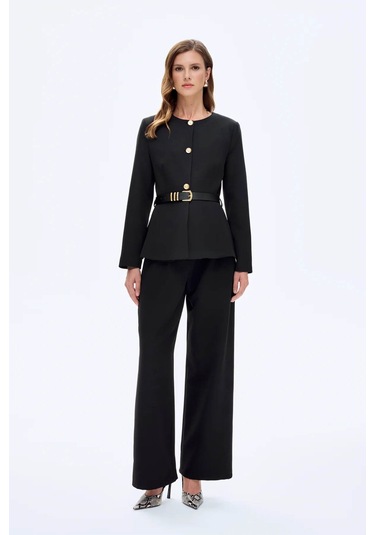 Quzu Kemer Aksesuarlı Yuvarlak Yaka Siyah Kadın Ceket Ckt00922 Siyah