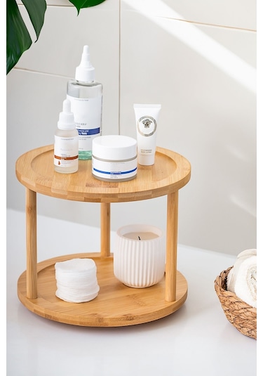 M9263-35 360 Döner Standlı Bambu Sunumluk Organizer-2 Katlı Baharatlık Düzenleyici Stand Ahşap