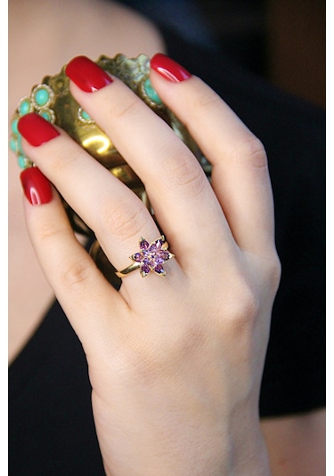 925 Ayar Gümüş Altın Kaplamalı Mor Lotus Çiçeği Yüzük - 34023302