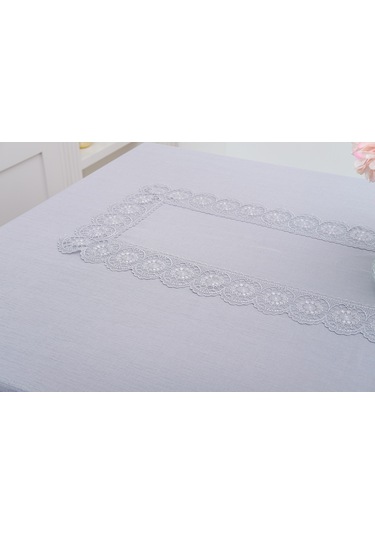 Finezza Jena Lüx Dantelli Simli Keten Kumaş Gri Masa Örtüsü  160x220 cm -1470