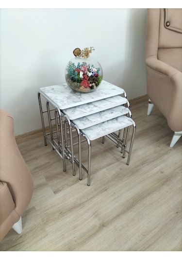 Evko Mobilya Buket Sehpa, 4'lü Zigon Sehpa, Dörtlü, Krom-b.mermer