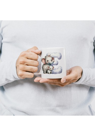 E Harfi Tasarım Bardak, Sevimli Hayvan Temalı Harf Bardağı Beyaz