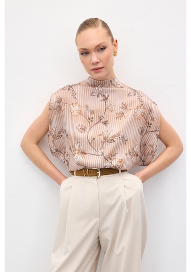 Sateen Kısa Kollu Desenli Bluz - Kahve-137042 kahve