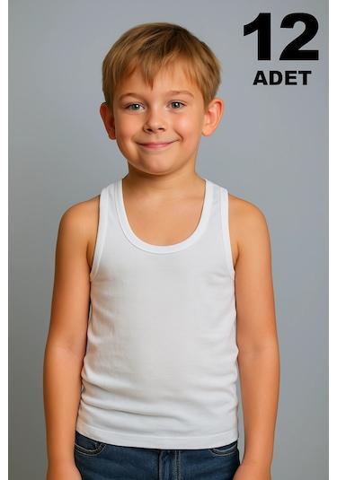 Erkek Çocuk Atleti %100 Pamuk Oval Yaka 12'li Paket Beyaz