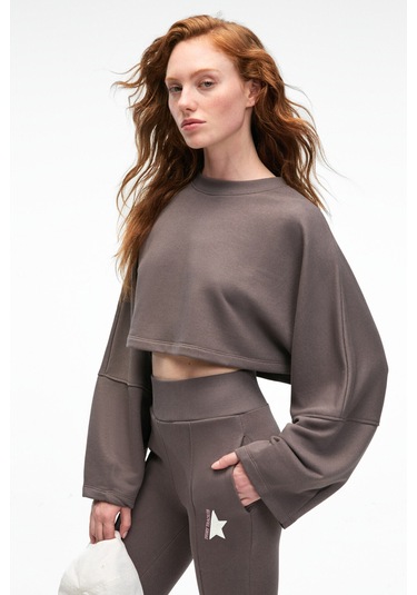 ANOUK Kadın Pamuklu Baskı Ve Patch Detaylı Bisiklet Yaka Crop Antrasit Sweatshirt