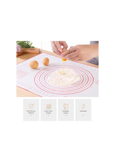 Hombey Kırmızı Silikon Hamur Hazırlama Matı, Ölçü Çizgili, 60x40cm, Fırın Ve Barbekü İçin, Tekrarlı Kullanım, Pastane Aleti Kırmızı