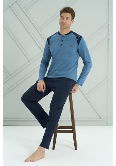 Erkek Interlok Penye Uzun Kol Pijama Takımı 2214 Petrol01 Petrol01