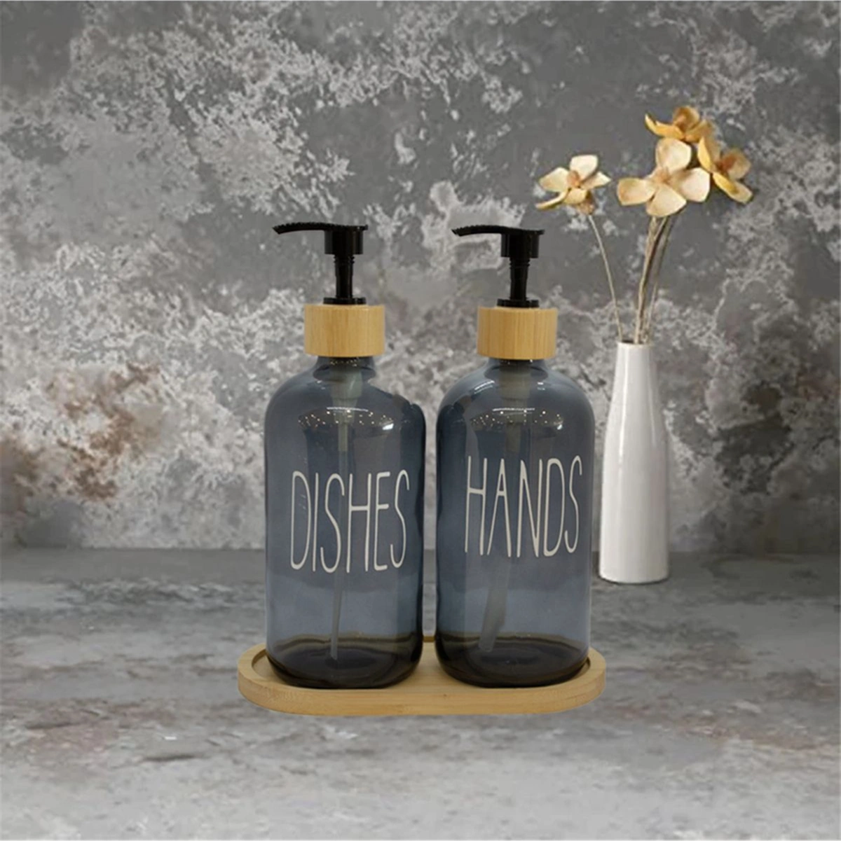 2 Li Füme Mutfak Sıvı Sabunluk Seti Hands&dishes Bambu Tepsili Gri