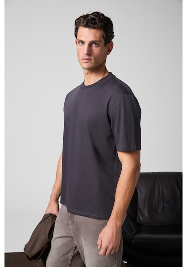 Solo Erkek %100 Organik Pamuklu Kalın Dokulu Comfort Fit Bisiklet Yakalı Füme T-Shirt