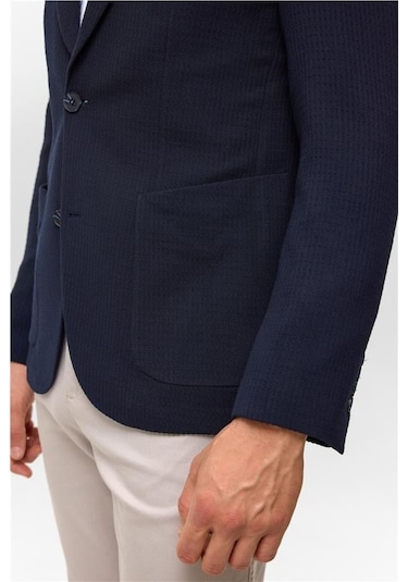 Süvari Lacivert Slim Desenli Mono Yaka 6 Drop Ceket Lacivert