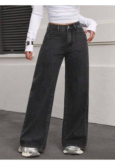 Koyu Füme Palazzo Pantolon Wide Leg Yüksek Bel Denim Jeans Gri