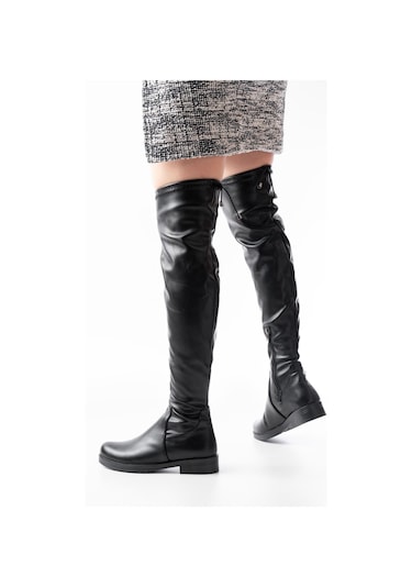 165-streç Siyah Diz Üstü Fermuarlı Günlük Kadın Çizme Siyah