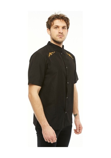 Uniprom Kısa Kollu Aşçı Ceketi Önlük Omuz Nakışlı Cepli Şef, Garson Siyah