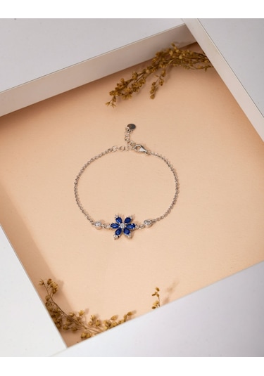 925 Ayar Safir Taşlı Rodyum Lotus Çiçeği Gümüş Bileklik Gümüş - Rodyum