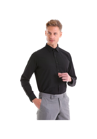Hatemoğlu Slim Fit Pamuklu Uzun Kollu Erkek Gömlek Siyah