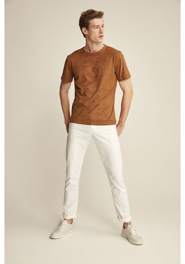 Grimelange ENZO Kahverengi Suet Erkek Basic Slim Fit T-shirt