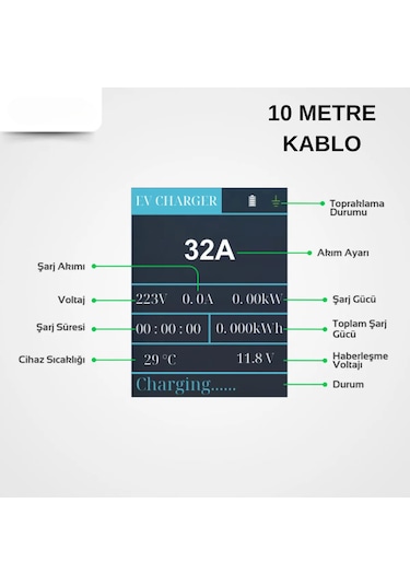 7 KW 32A Türkçe Menü 10 M Elektrikli Araç Şarj İstasyonu Taşınabilir